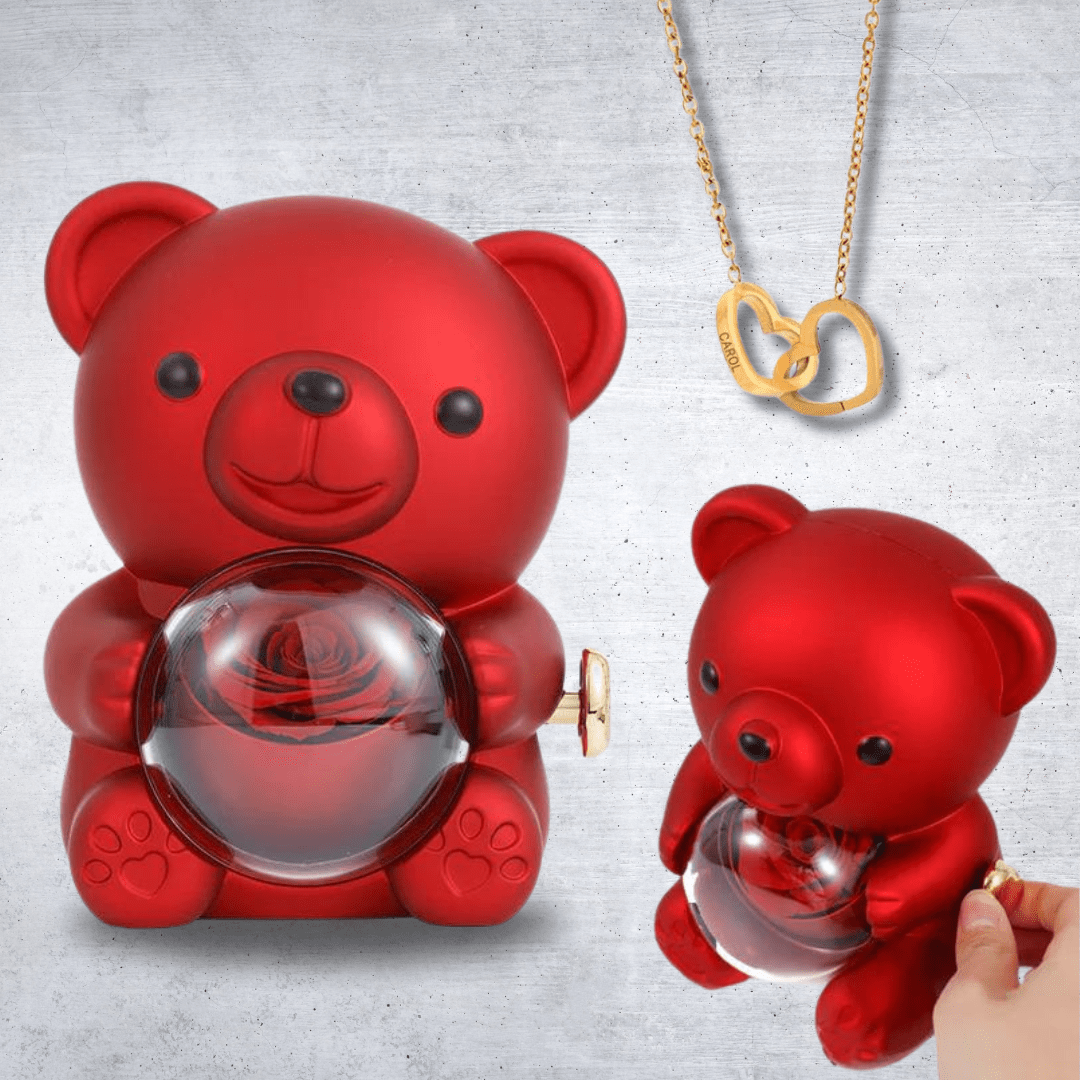 Ours en Rose Éternelle avec Collier Caché - Maman Cadeau