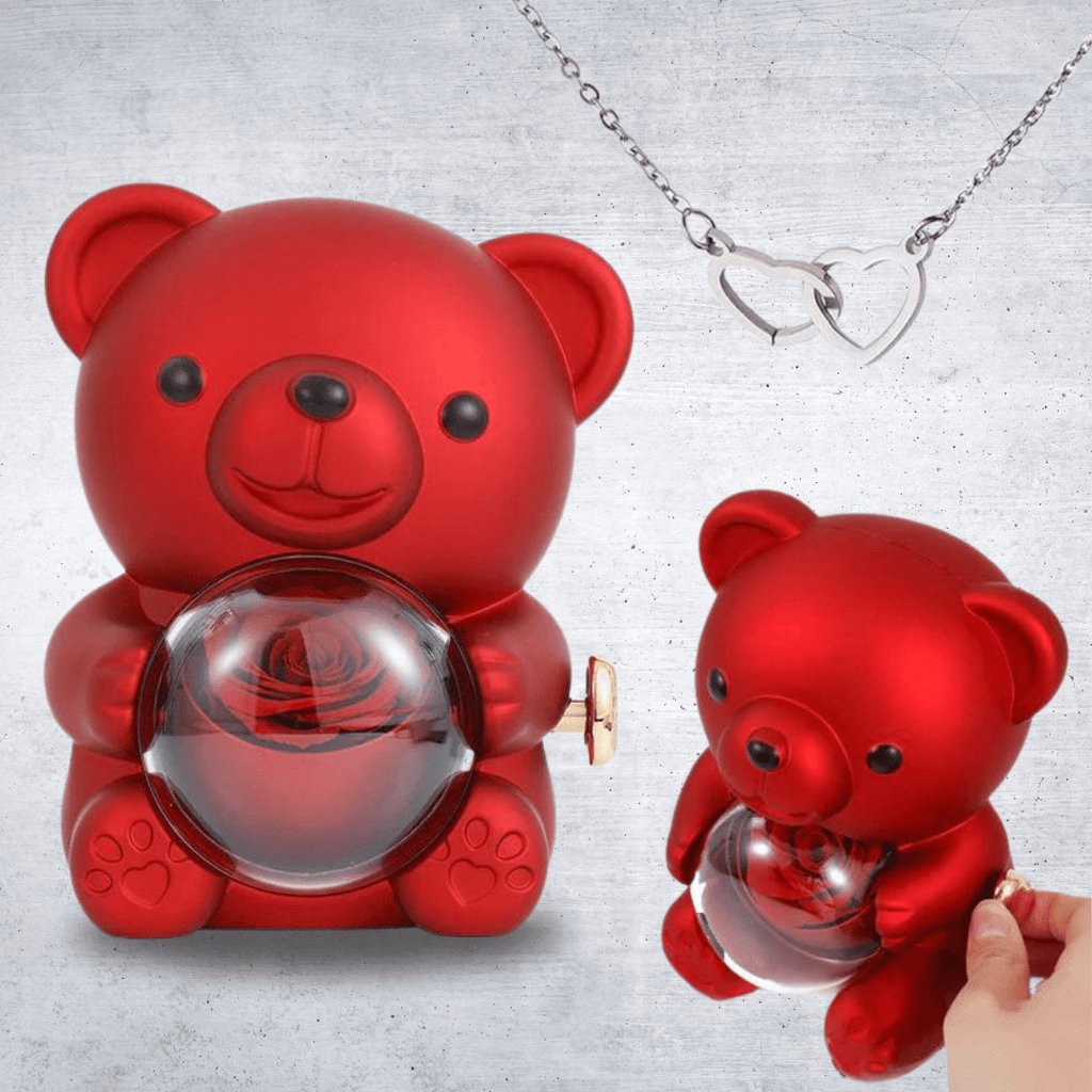 Ours en Rose Éternelle avec Collier Caché - Maman Cadeau
