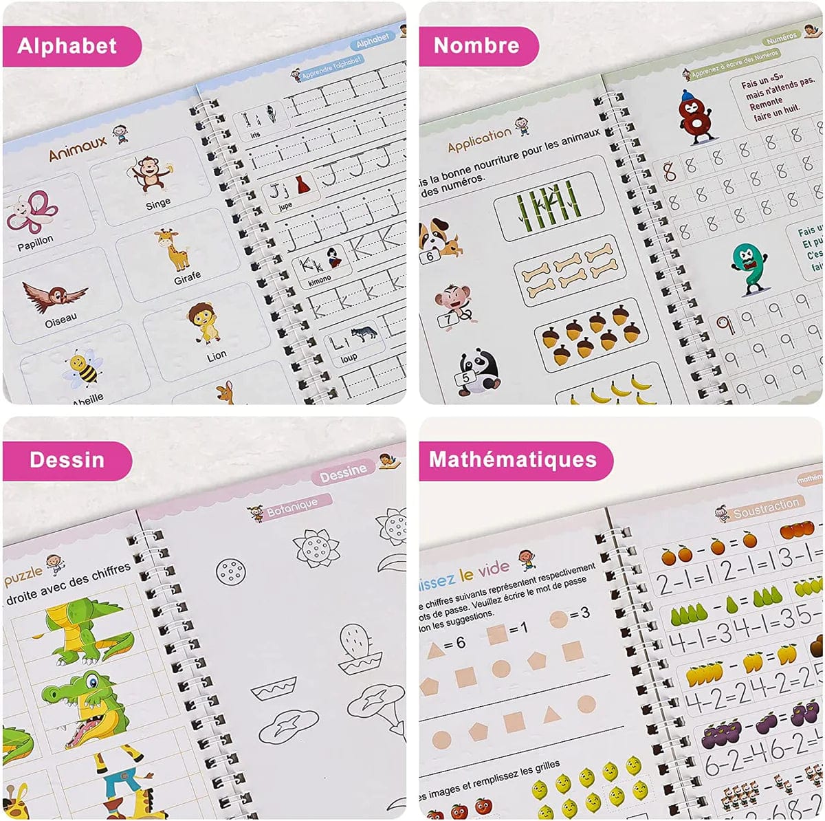 Pack de 4 Cahiers d'Apprentissage 3D Interactif avec Stylos Magiques Offerts